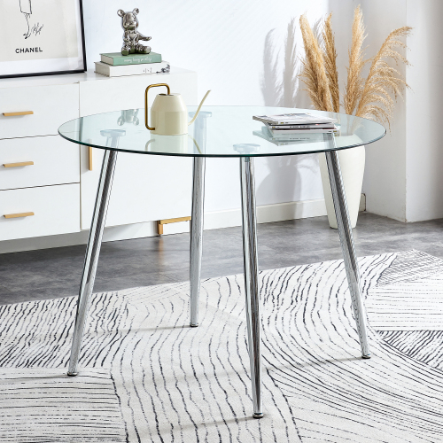 A glass tabletop with a diameter of 38.6 inches and a modern minimalist circular dining table with silver metal legs.Suitable for living rooms, and conference rooms. 