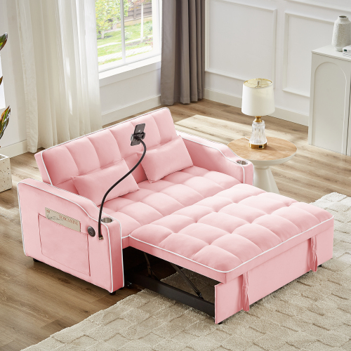 1 versatile foldable sofa bed in 3 lengths, modern sofa sofa sofa velvet pull-out bed, adjustable back and with USB port and ashtray and swivel phone stand (pink) 