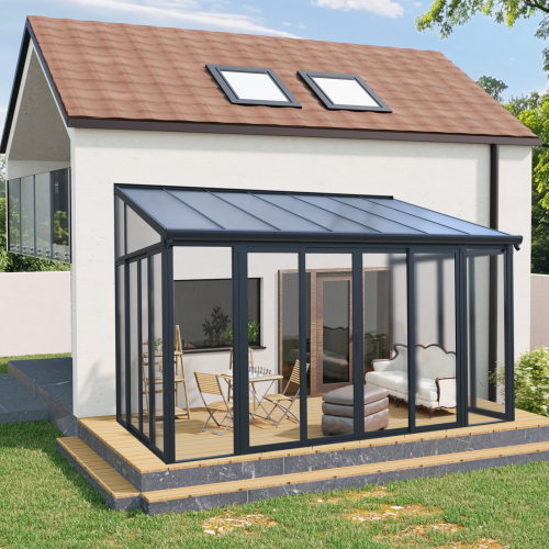 10×14 ft Enclosed Patio Cover with 3 Lockable Sliding Doors, All Season Sunroom with aluminum alloy frame ,Polycarbonate Roof and transparent solid PC endurance panel wall system for Garden Patio Deck 