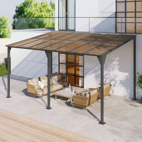 Wall-Mounted Gazebo 14.76*9.22 FT Outdoor Pergola Gazebo Awning Gazebo with Roof, Powder-Coated Iron Frame and with PC Roof Panels Outdoor Sloped Design Shelter for Deck, Garden, Backyard, Gray 
