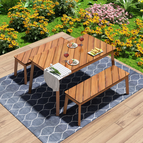 GO 3 Pieces Acacia Wood Table Bench Dining Set For Outdoor & Indoor Furniture With 2 Benches, Picnic Beer Table for Patio, Porch, Garden, Poolside, Natural 