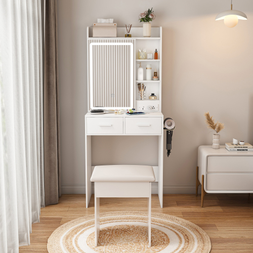 c052e0d3617729253264fcf7c1710c71 Small Makeup Vanity Desk with Mirror & Adjustable LED Lights,Built-in Power Outlet & Hidden Storage, Includes padded stool & Shelf,Space-Saving Dressing Table for Small Bedrooms,White - Image 1